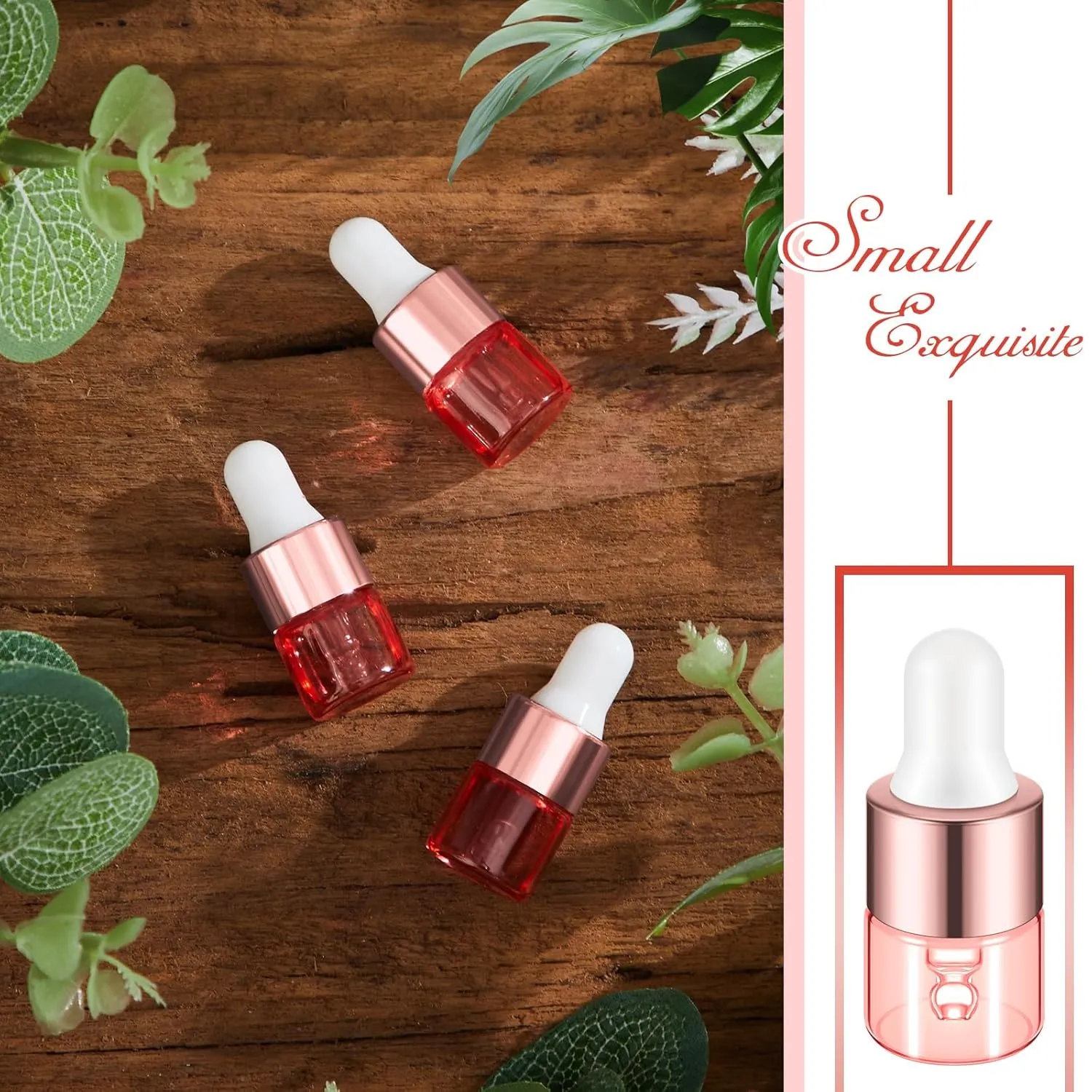 100 Pcs Mini Glass Oil Dropper Bottle Bulk, 1 ml Pink Rose Gold Essential Small Empty Bottles Sample Containers Perfume Liquid Vials with Cap for Traveling