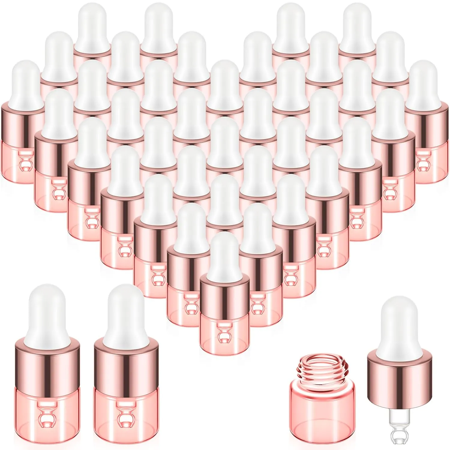 100 Pcs Mini Glass Oil Dropper Bottle Bulk, 1 ml Pink Rose Gold Essential Small Empty Bottles Sample Containers Perfume Liquid Vials with Cap for Traveling