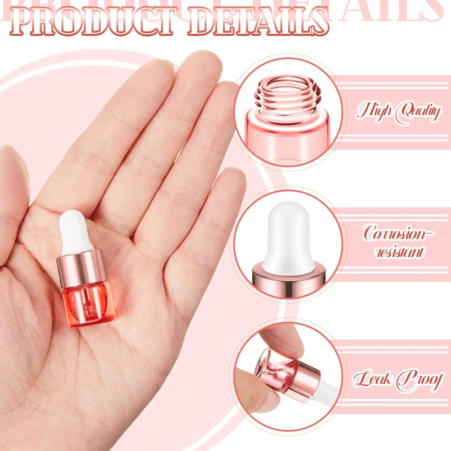 100 Pcs Mini Glass Oil Dropper Bottle Bulk, 1 ml Pink Rose Gold Essential Small Empty Bottles Sample Containers Perfume Liquid Vials with Cap for Traveling