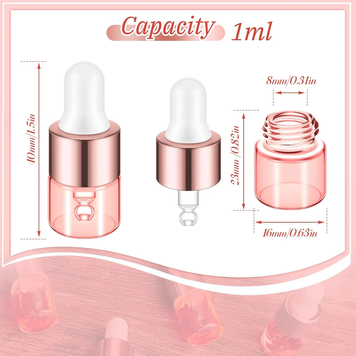 100 Pcs Mini Glass Oil Dropper Bottle Bulk, 1 ml Pink Rose Gold Essential Small Empty Bottles Sample Containers Perfume Liquid Vials with Cap for Traveling