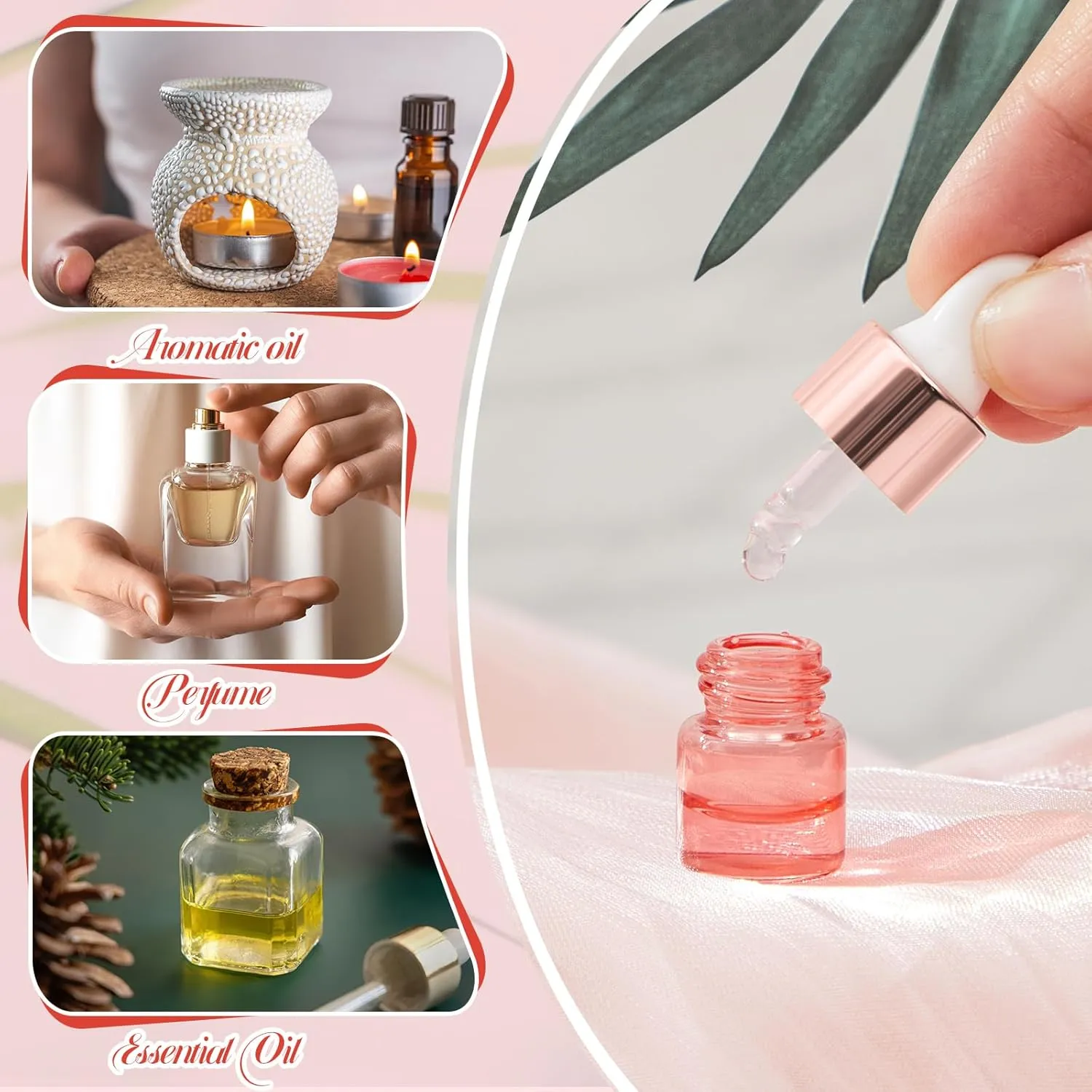 100 Pcs Mini Glass Oil Dropper Bottle Bulk, 1 ml Pink Rose Gold Essential Small Empty Bottles Sample Containers Perfume Liquid Vials with Cap for Traveling