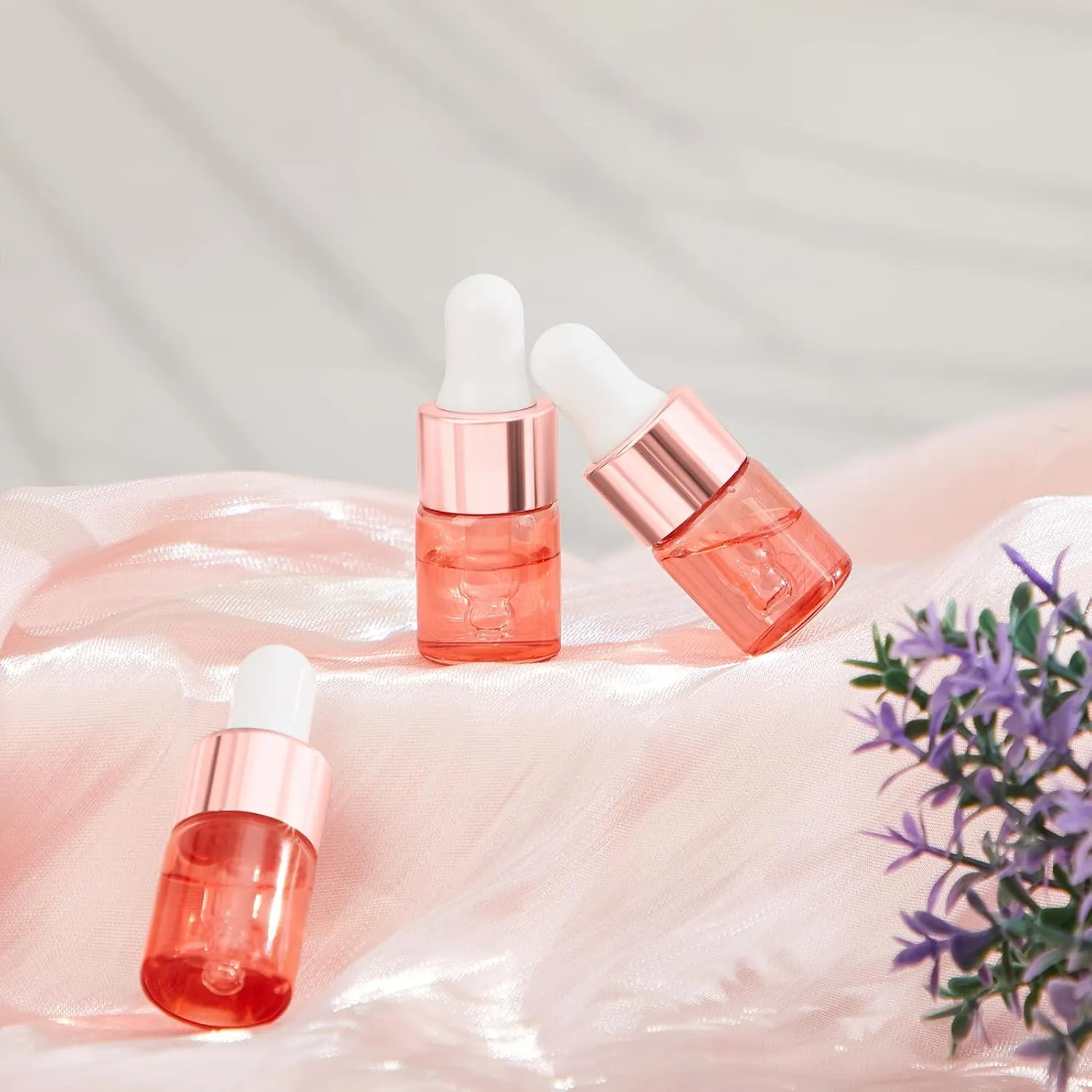 100 Pcs Mini Glass Oil Dropper Bottle Bulk, 2 ml Pink Rose Gold Essential Small Empty Bottles Sample Containers Perfume Liquid Vials with Cap for Traveling