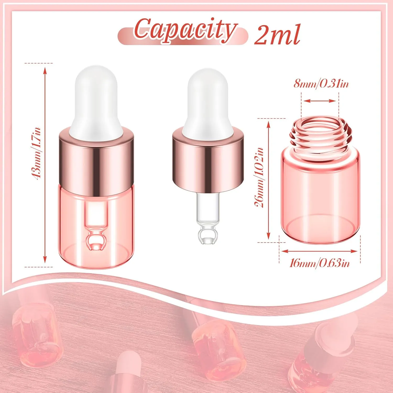 100 Pcs Mini Glass Oil Dropper Bottle Bulk, 2 ml Pink Rose Gold Essential Small Empty Bottles Sample Containers Perfume Liquid Vials with Cap for Traveling