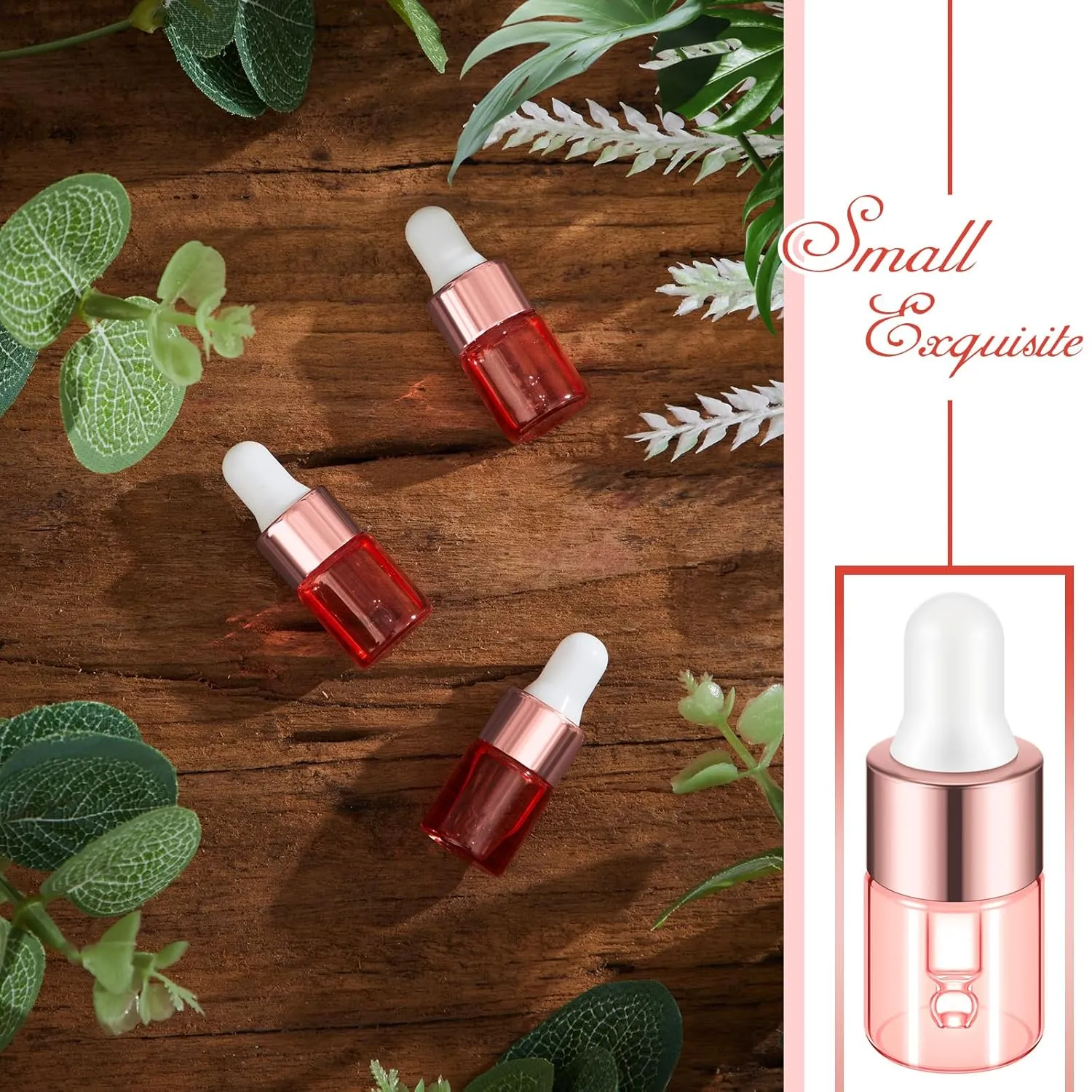 100 Pcs Mini Glass Oil Dropper Bottle Bulk, 2 ml Pink Rose Gold Essential Small Empty Bottles Sample Containers Perfume Liquid Vials with Cap for Traveling