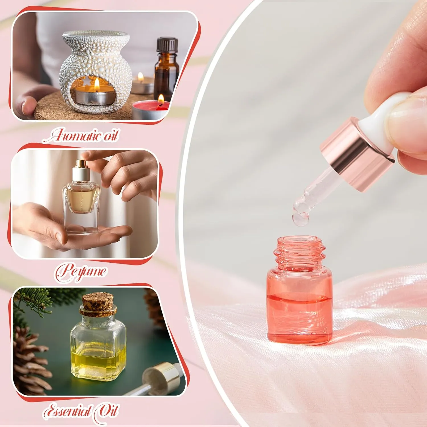100 Pcs Mini Glass Oil Dropper Bottle Bulk, 2 ml Pink Rose Gold Essential Small Empty Bottles Sample Containers Perfume Liquid Vials with Cap for Traveling