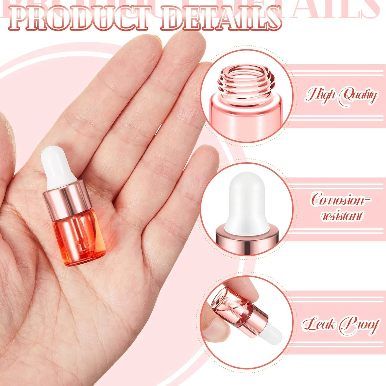 100 Pcs Mini Glass Oil Dropper Bottle Bulk, 2 ml Pink Rose Gold Essential Small Empty Bottles Sample Containers Perfume Liquid Vials with Cap for Traveling
