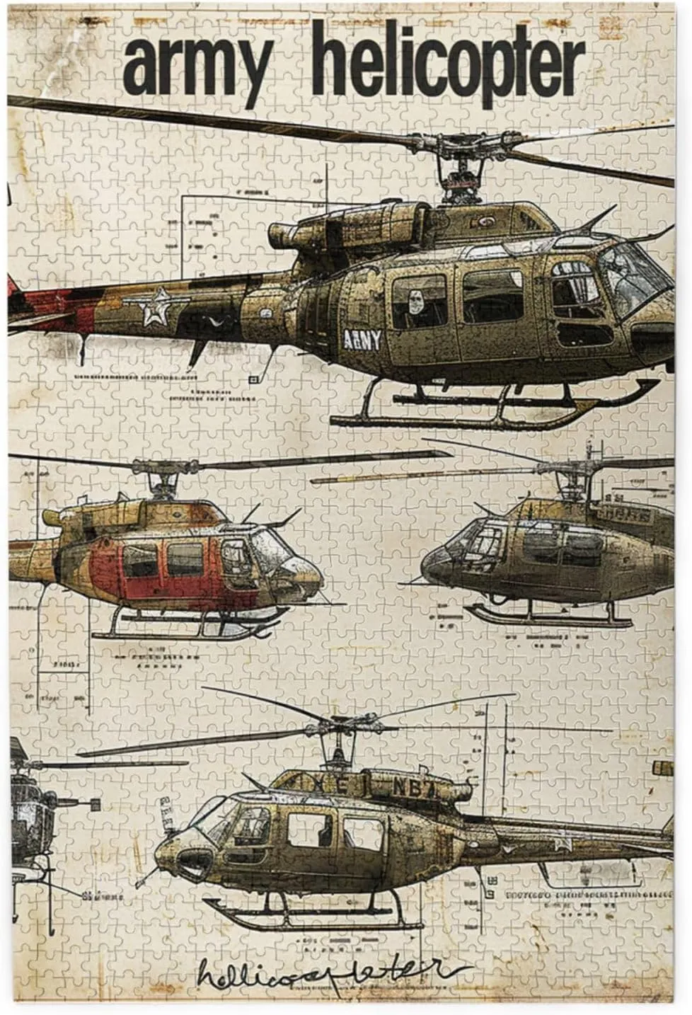 1000 Piece Jigsaw Puzzle - Helicopters Army Aircraft Military Vintage Wood Puzzle for Adults Teens Family Game Educational Toys Gifts