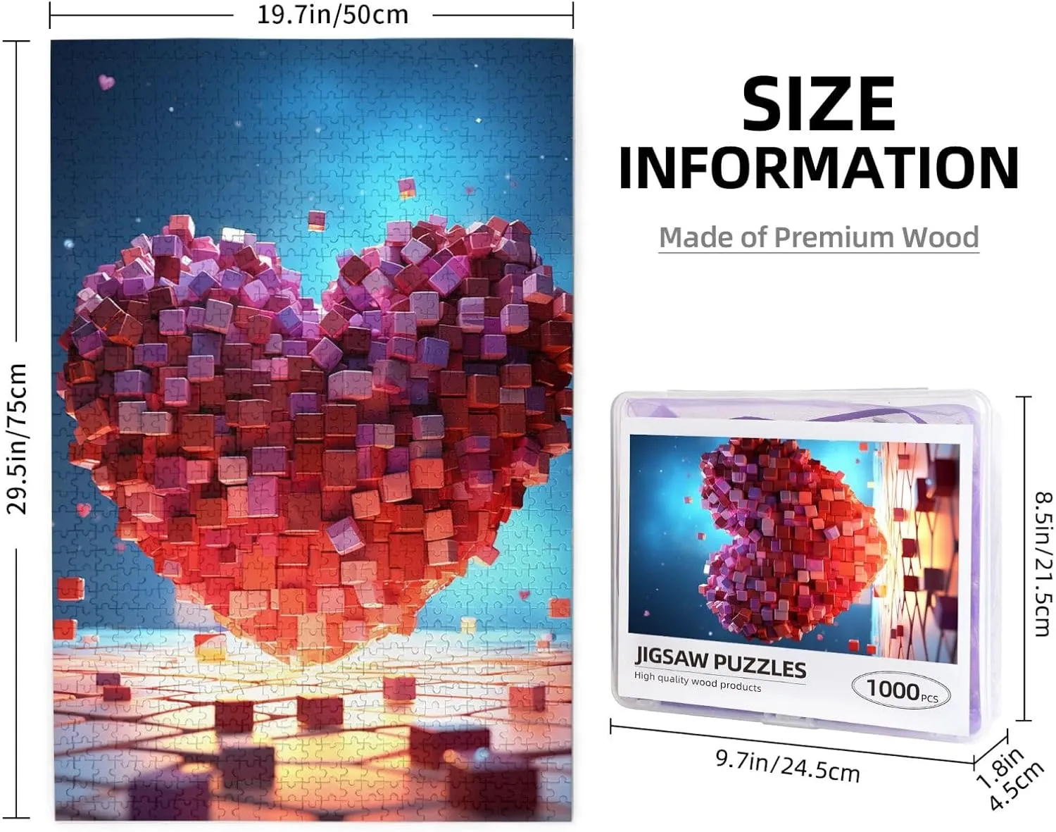 1000 Piece Jigsaw Puzzles for Adults Challenging Puzzle Wooden Picture Puzzle Personalized Custom Love Heart Cubes Wood Puzzle for Family Game Nights Gifts 29.5x19.7 inches Puzzle