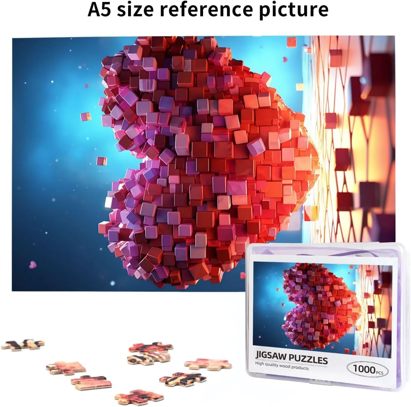 1000 Piece Jigsaw Puzzles for Adults Challenging Puzzle Wooden Picture Puzzle Personalized Custom Love Heart Cubes Wood Puzzle for Family Game Nights Gifts 29.5x19.7 inches Puzzle