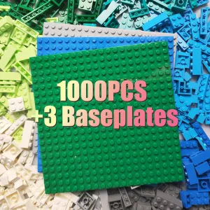 1000 Pieces Classic Building Bricks, Classic Stackable Base Plates, 3 6.3" x 6.3" Blue, Gray and Green Base Plates, Compatible with All Major Brands (Natural Colors)