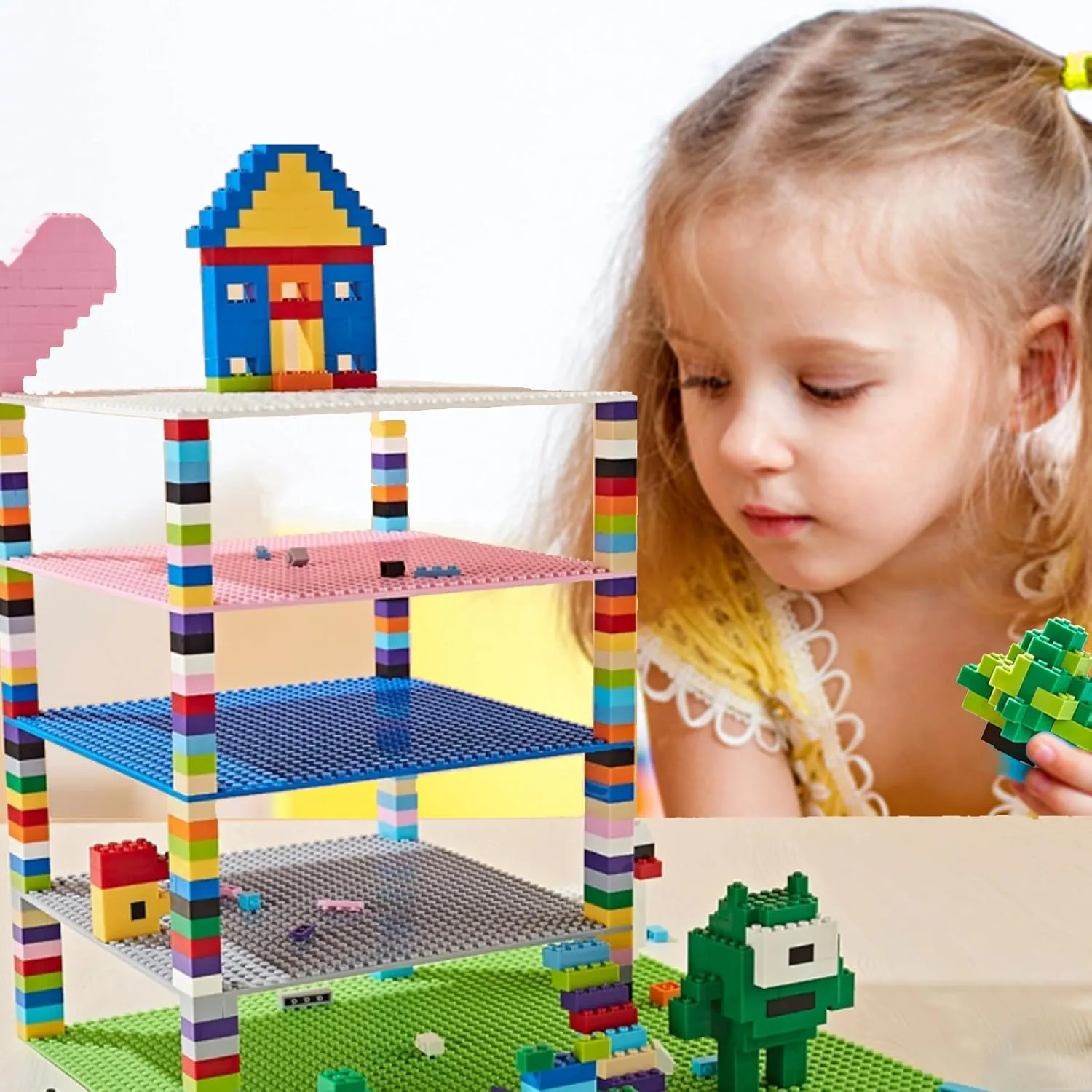 1000 Pieces Classic Building Bricks, Classic Stackable Base Plates, 3 6.3" x 6.3" Blue, Gray and Green Base Plates, Compatible with All Major Brands (Natural Colors)