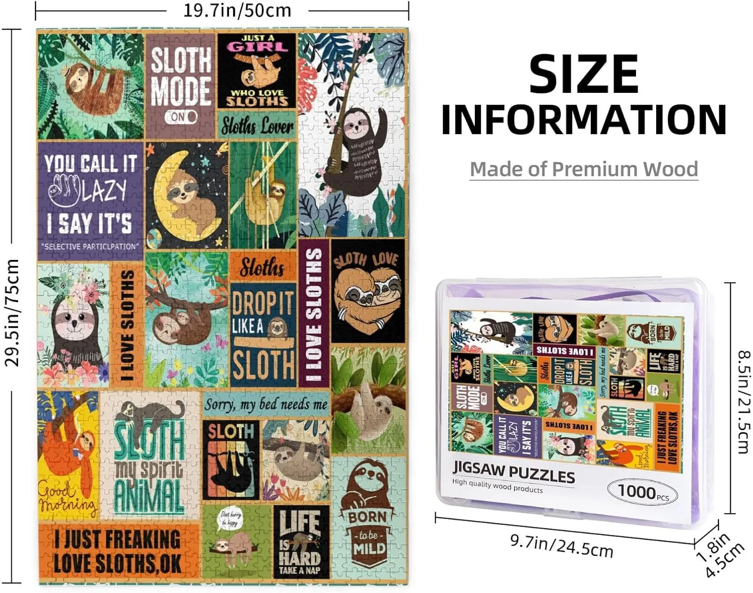 1000 Pieces Sloth Themed Jigsaw Puzzle,Fun Educational Toy for Kids Ages 12,Teens & Families.Educational Games Home Decoration Puzzle,Size 29.5” X 19.7” (Have Box)
