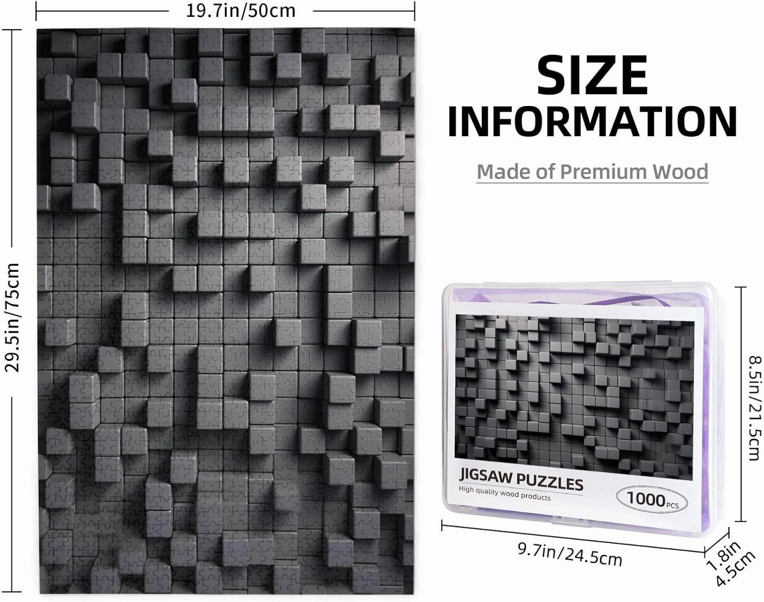 1000 Piece Jigsaw Puzzles for Adults Challenging Puzzle Wooden Picture Puzzle Personalized Custom Gray Cube Wood Puzzle for Family Game Nights Gifts 29.5x19.7 inches Puzzle