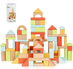 100pcs Building Blocks for Toddlers 1-3, Wooden Blocks for Kids with Storage Bucket and Shape Sorter Lid, Montessori Toys for 1 2 3 Year Old, Learning Toys for Preschool Girls and Boys