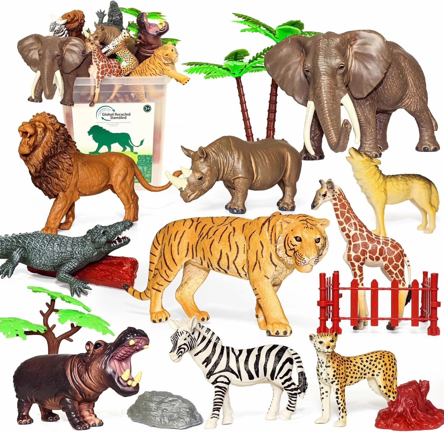 10 Big Realistic Safari Animal Toys for Kids 3-7, Jungle Figures Set with 12 Accessories & Storage Bucket, Educational Plastic Toys