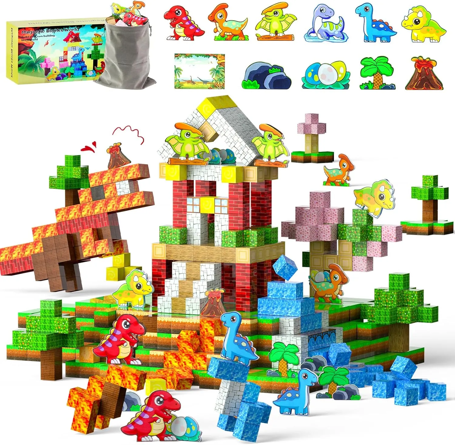 110PCS Dinosaur Toys Magnetic Cubes for Kids, Magnetic Building Blocks for Kids Ages 4-8 8-12, Magnet Blocks Classroom Must Haves Sensory Construction Toys for Boys Girls Gifts