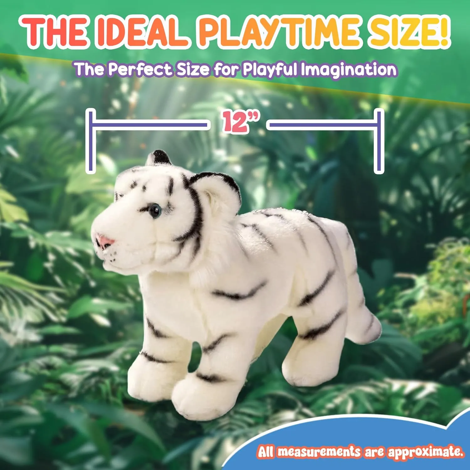 12” Standing Stuffed White Tiger for Boys & Girls, Safari Baby Shower Decorations, Soft Plush, Nursery Décor, Huggable Soft Toys, Realistic Features, Elephant, Lion, Wolf, Rhino & More (White Tiger)