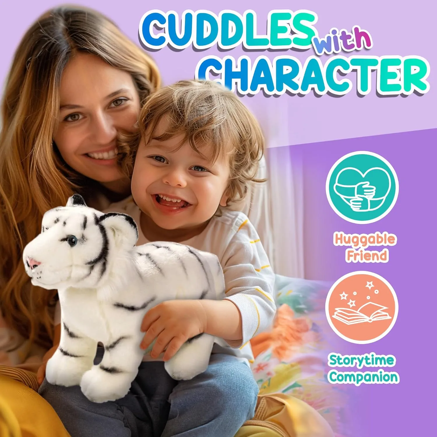 12” Standing Stuffed White Tiger for Boys & Girls, Safari Baby Shower Decorations, Soft Plush, Nursery Décor, Huggable Soft Toys, Realistic Features, Elephant, Lion, Wolf, Rhino & More (White Tiger)