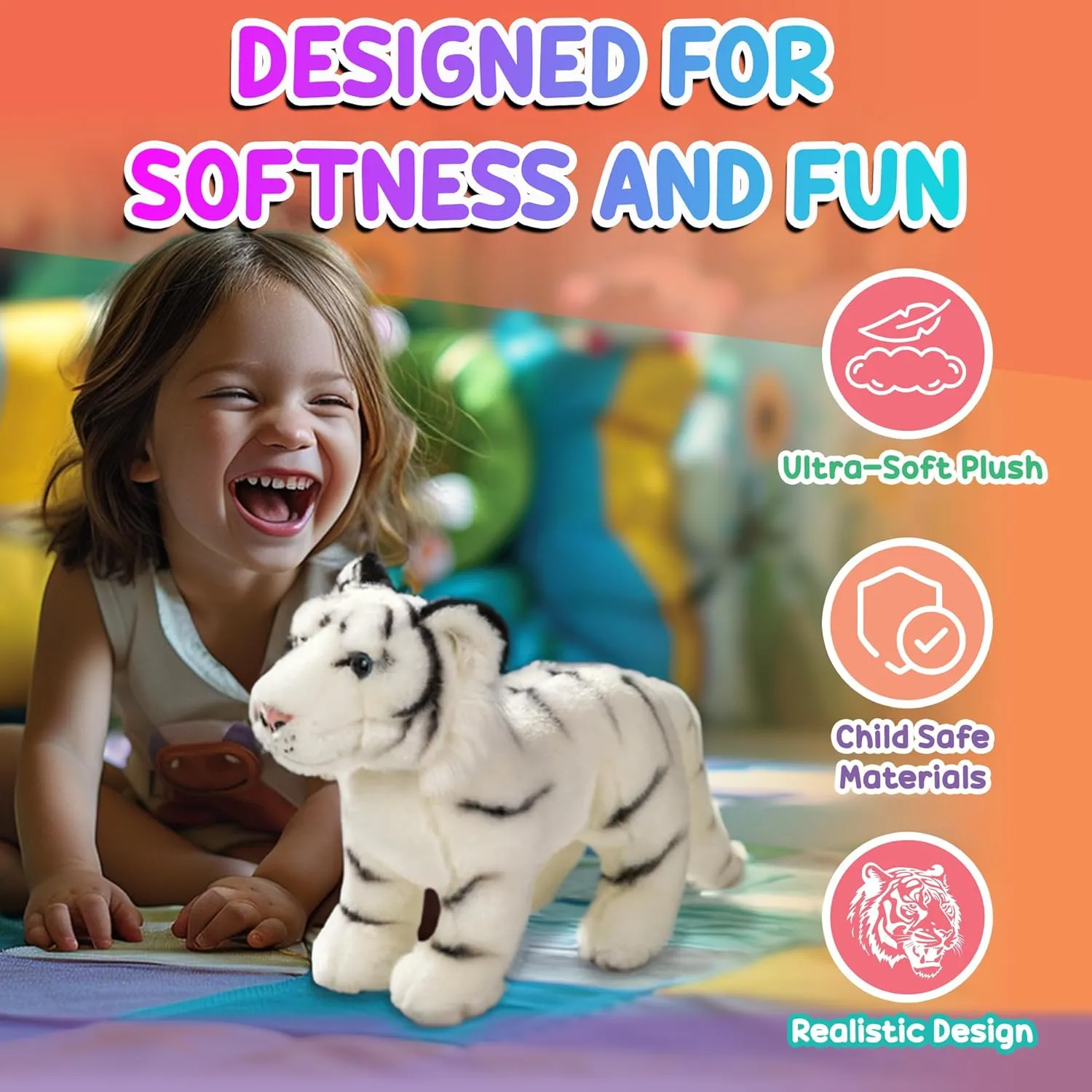 12” Standing Stuffed White Tiger for Boys & Girls, Safari Baby Shower Decorations, Soft Plush, Nursery Décor, Huggable Soft Toys, Realistic Features, Elephant, Lion, Wolf, Rhino & More (White Tiger)