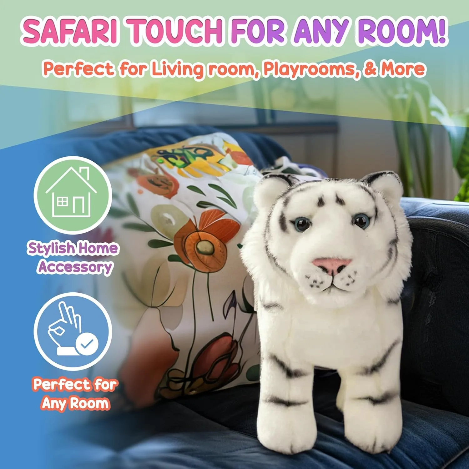 12” Standing Stuffed White Tiger for Boys & Girls, Safari Baby Shower Decorations, Soft Plush, Nursery Décor, Huggable Soft Toys, Realistic Features, Elephant, Lion, Wolf, Rhino & More (White Tiger)