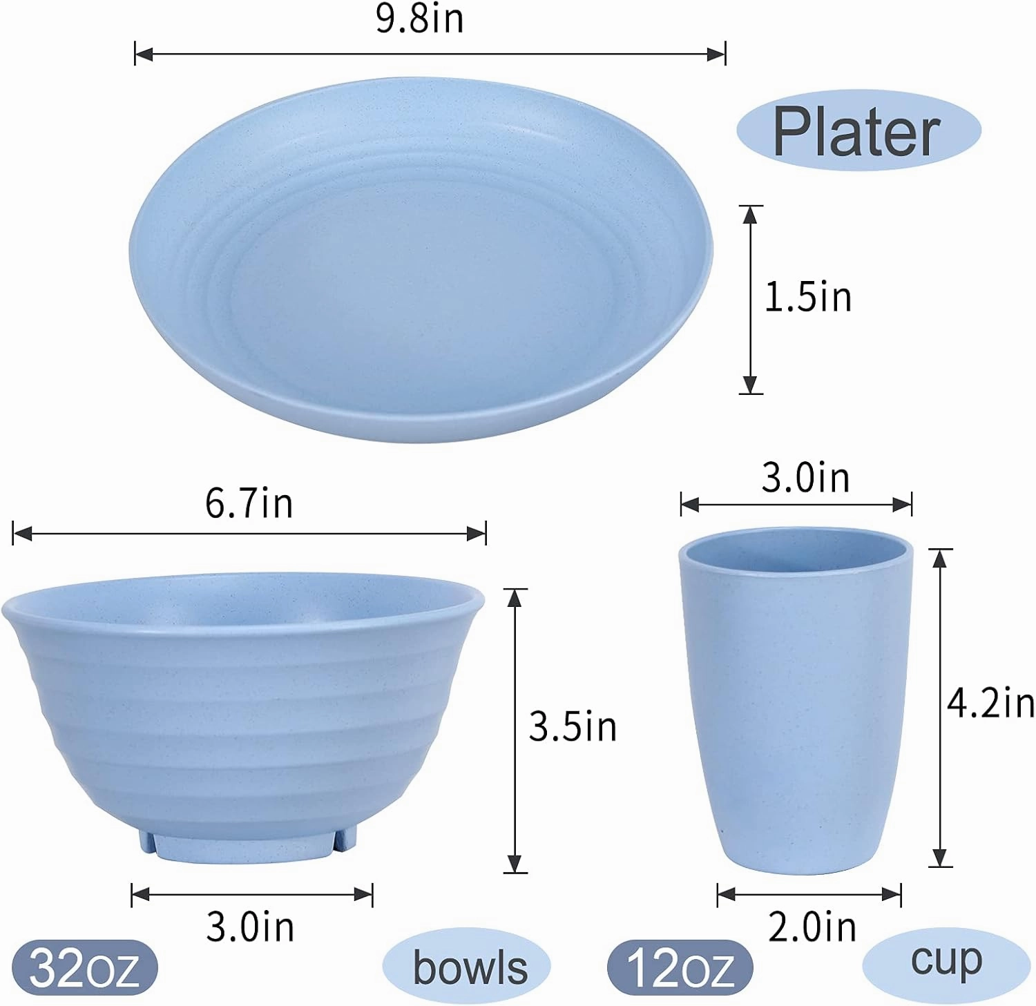 12pcs Plastic Wheat Straw Dinnerware Sets Service for 4, Cups, Plates and Bowls Sets Microwave Dishwasher Safe Lightweight