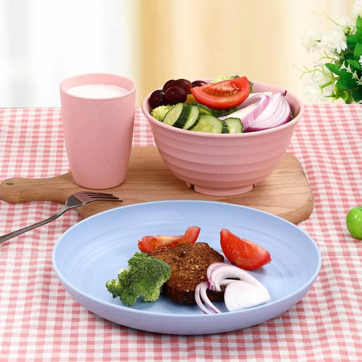 12pcs Plastic Wheat Straw Dinnerware Sets, Wheat Straw Plates and Bowls Sets for 4 College Dorm Room Essentials Microwave Dishwasher Safe (Colourful)