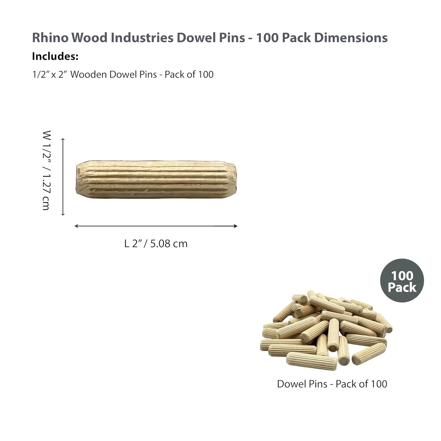 1/2" x 2" - 100 Pack Wooden Dowel Pins - Kiln Dried, Fluted, and Beveled (1/2" x 2", 100pk)