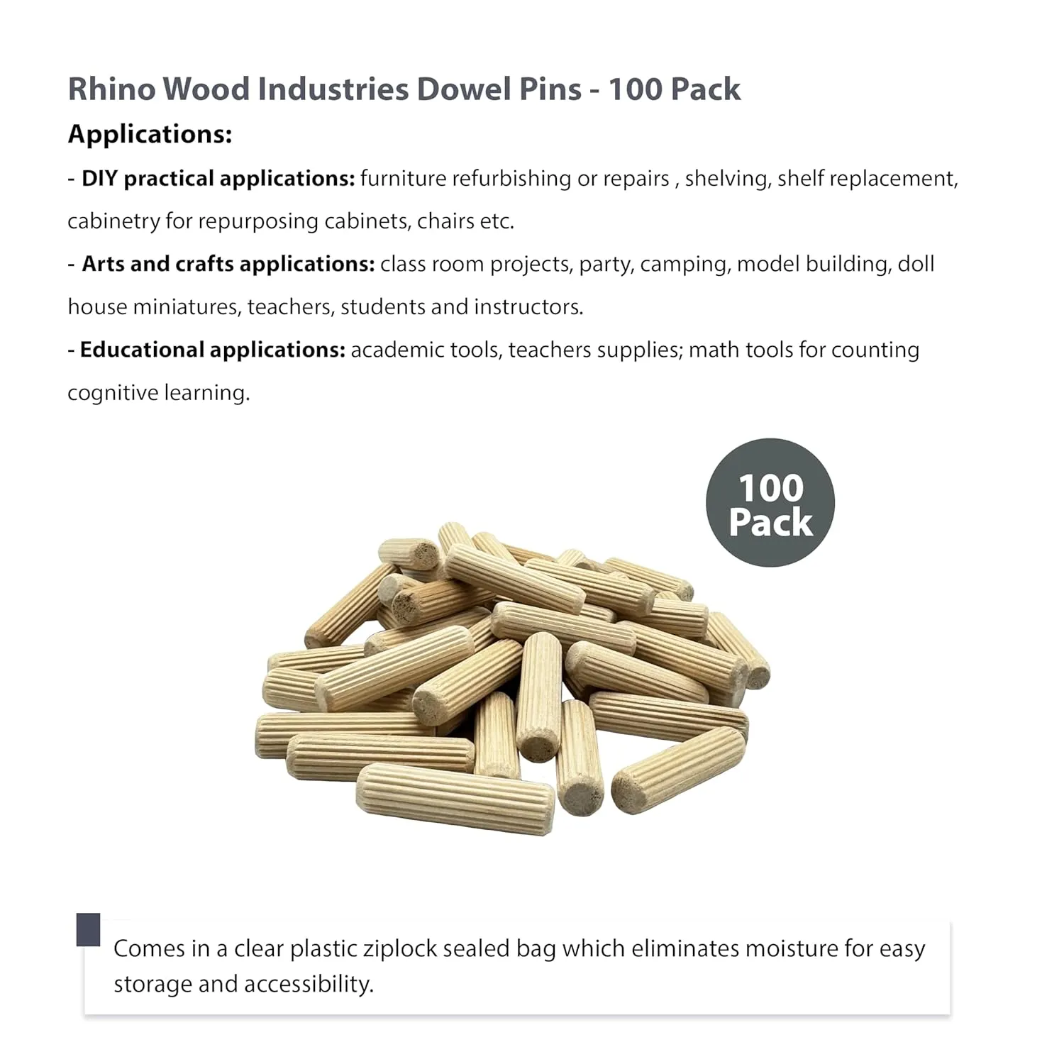 1/2" x 2" - 100 Pack Wooden Dowel Pins - Kiln Dried, Fluted, and Beveled (1/2" x 2", 100pk)