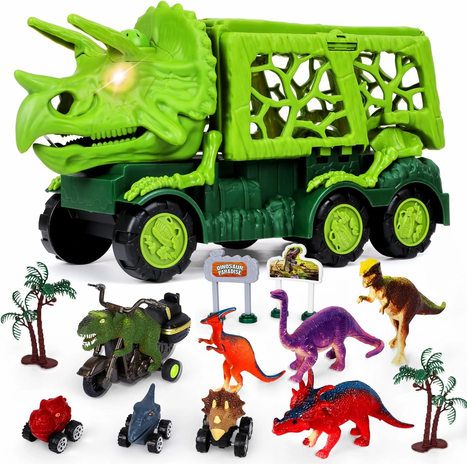 13 in 1 Dinosaur Truck Toys for Kids, Kids Toys Boys Age 3-5, Triceratops Transport Car Carrier Truck Play Set with 12 Dinosaur Figures, Vehicles, Trees, Toddler Birthday Gifts for Boys Girls