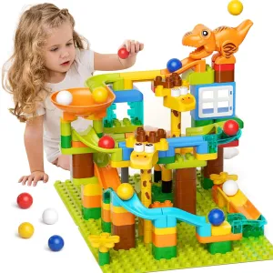 145 PCS Dinosaur Marble Run Building Set – STEM Toys for Kids Ages 4-8 with 10 Colorful Marble Balls, 360° Rotating Track, Educational Construction Blocks for Boys & Girls