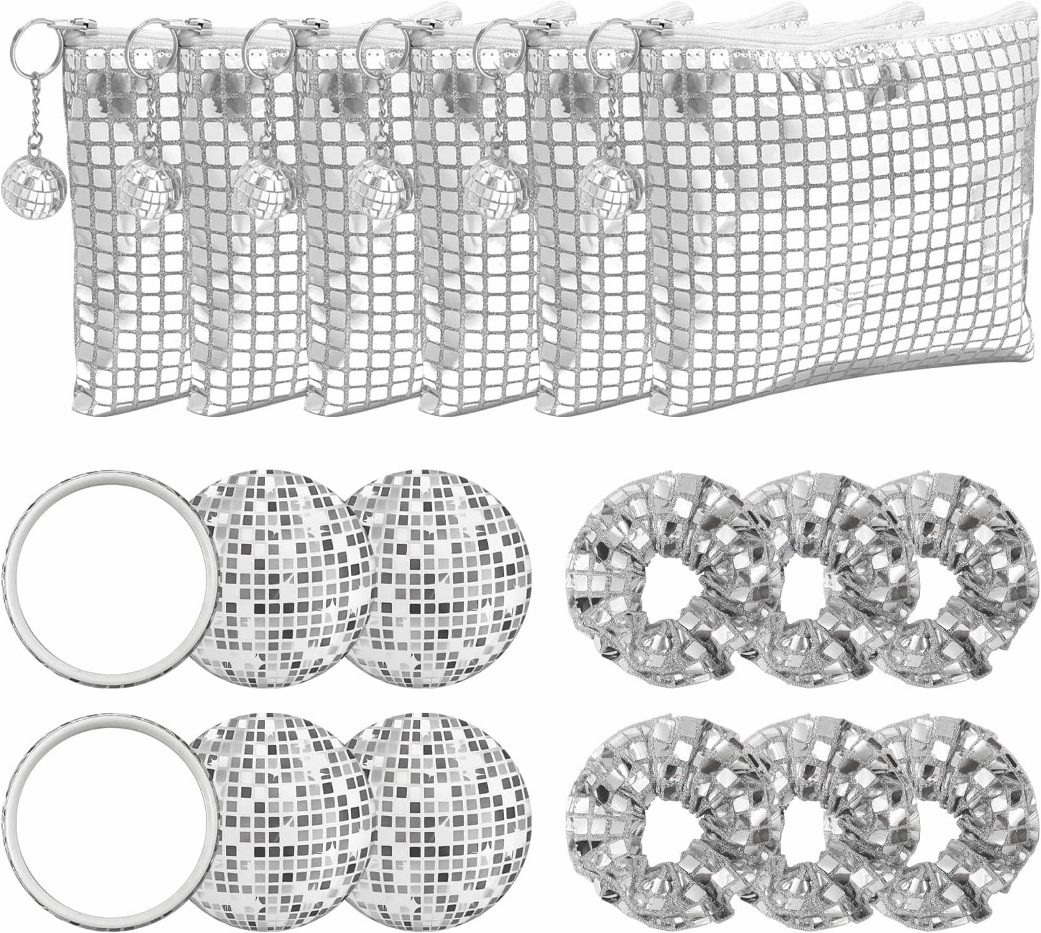 18 Pcs Disco Party Favors Disco Cosmetics Bag，Silver Glitter Sequin Makeup Handbag，Makeup Bag Hair Scrunchies Compact Mirror,70s 80s 90s Disco Party Favors Gifts for Women (6)