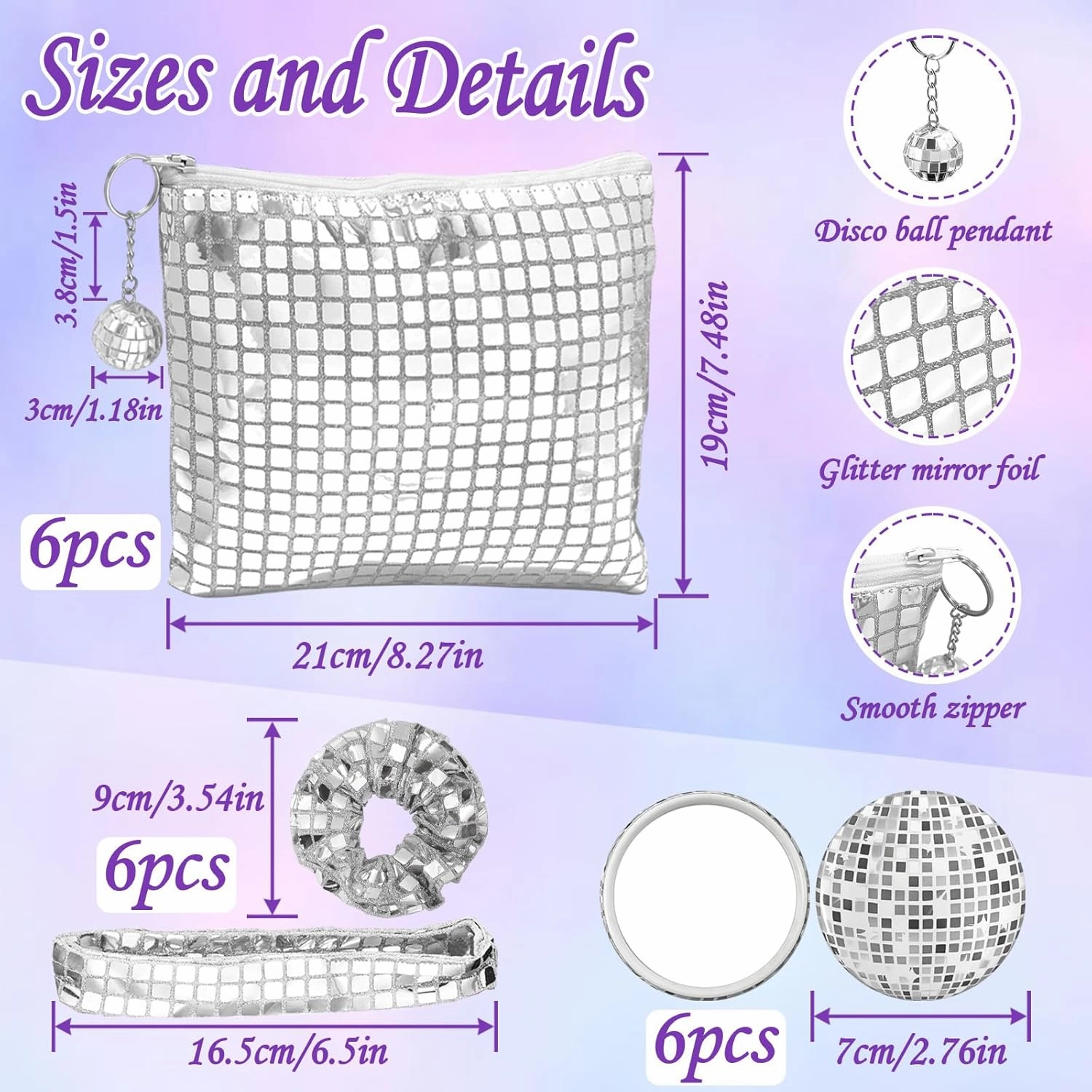 18 Pcs Disco Party Favors Disco Cosmetics Bag，Silver Glitter Sequin Makeup Handbag，Makeup Bag Hair Scrunchies Compact Mirror,70s 80s 90s Disco Party Favors Gifts for Women (6)