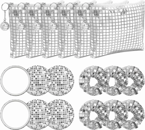 18 Pcs Disco Party Favors Disco Cosmetics Bag，Silver Glitter Sequin Makeup Handbag，Makeup Bag Hair Scrunchies Compact Mirror,70s 80s 90s Disco Party Favors Gifts for Women (6)