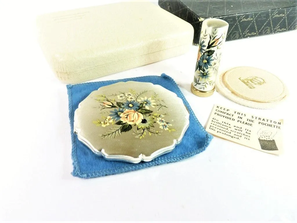 1950s Cased Silver Plated Stratton Makeup Compact And Matching Lipstick Holder In Original Outer Box