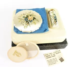 1950s Cased Silver Plated Stratton Makeup Compact And Matching Lipstick Holder In Original Outer Box
