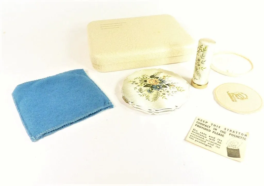 1950s Cased Silver Plated Stratton Makeup Compact And Matching Lipstick Holder In Original Outer Box