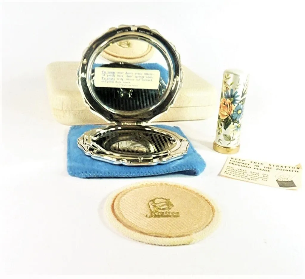 1950s Cased Silver Plated Stratton Makeup Compact And Matching Lipstick Holder In Original Outer Box