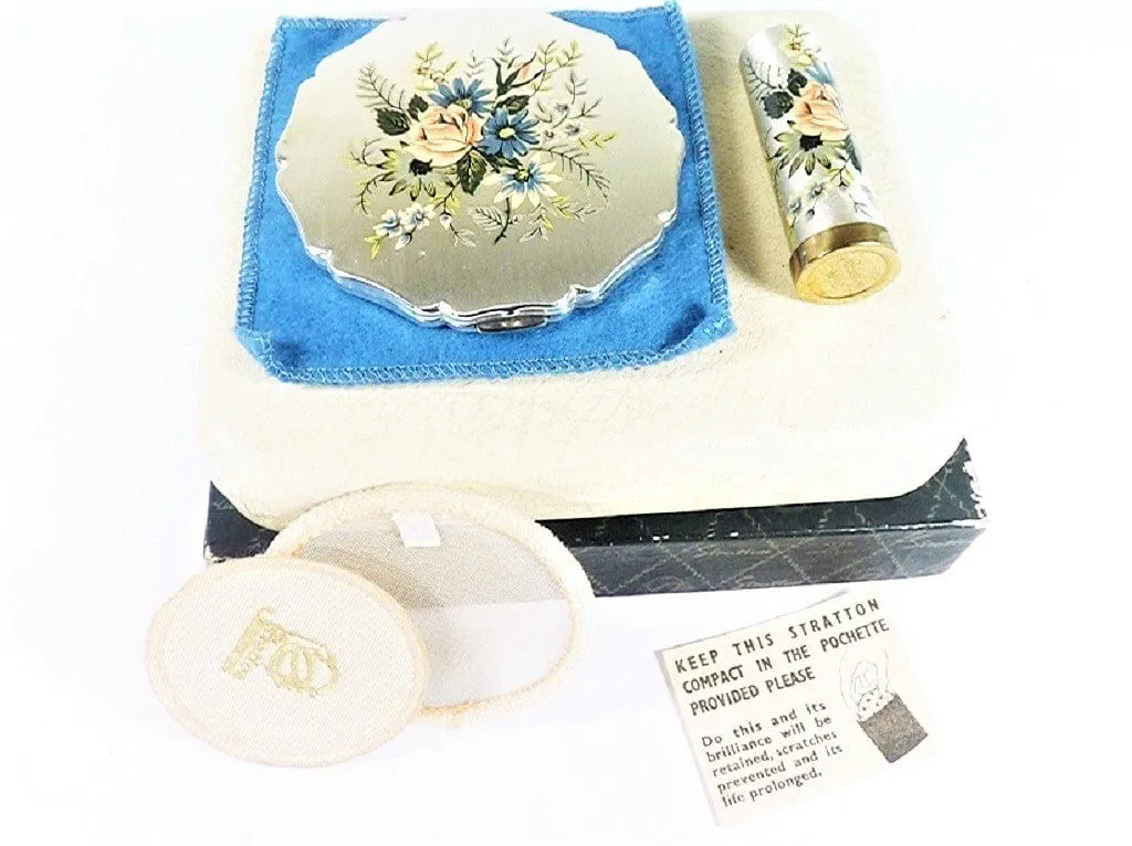 1950s Cased Silver Plated Stratton Makeup Compact And Matching Lipstick Holder In Original Outer Box