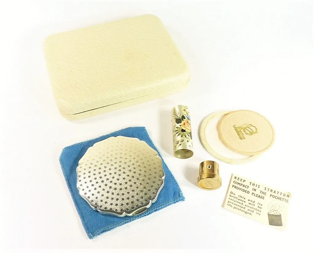 1950s Cased Silver Plated Stratton Makeup Compact And Matching Lipstick Holder In Original Outer Box
