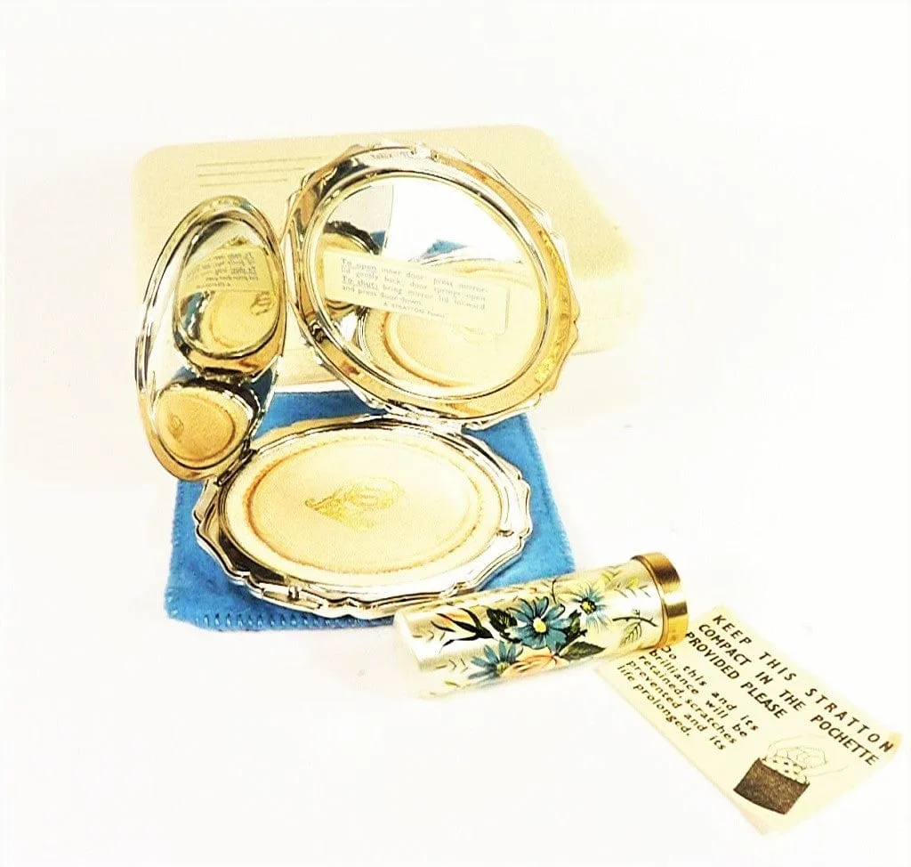 1950s Cased Silver Plated Stratton Makeup Compact And Matching Lipstick Holder In Original Outer Box