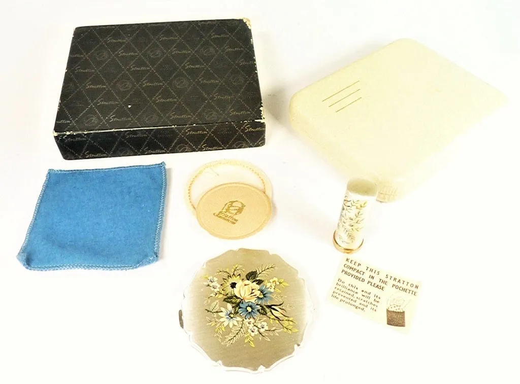 1950s Cased Silver Plated Stratton Makeup Compact And Matching Lipstick Holder In Original Outer Box