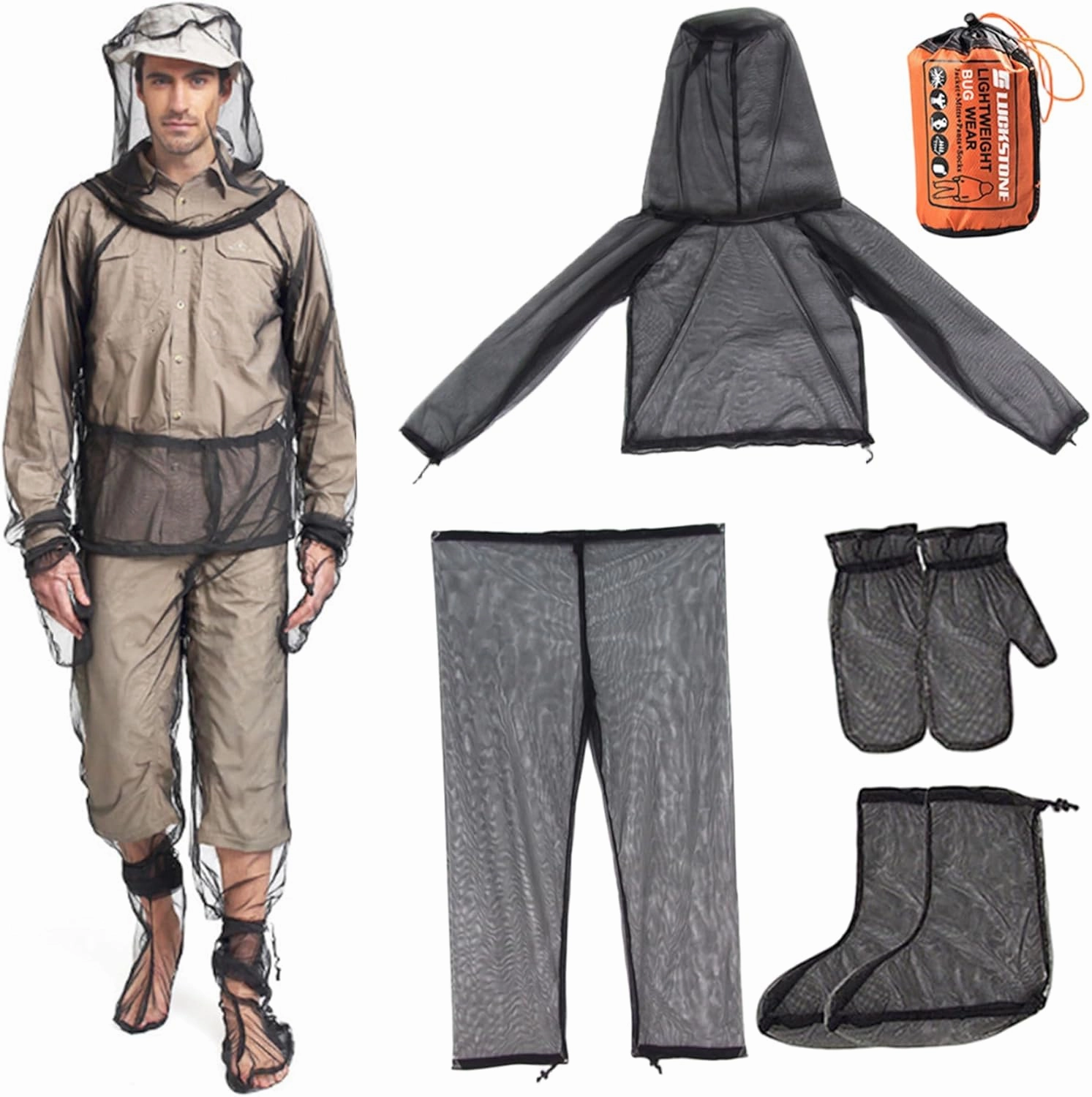 1 Set Mosquitoes Suit Breathable Mesh Lightweight Adjustable Quick-Dry Mosquitoes Jacket with Hood, Pants, Mitts, Socks & Storage Bag for Fishing, Hiking, Camping