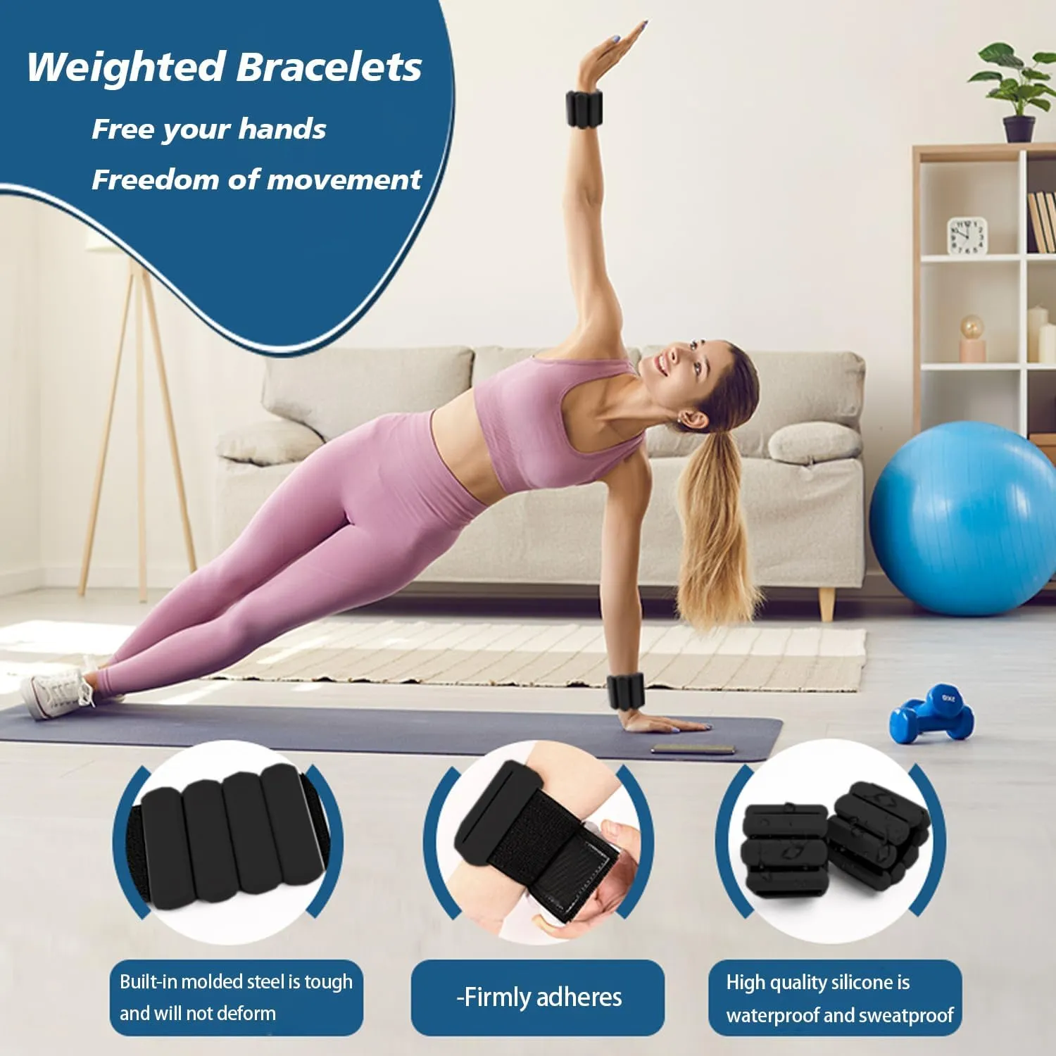 1lb Ankle & Wrist Weights for Women - Set of 2 (Total 2lbs) Adjustable Silicone Fitness Bracelets for Yoga/Pilates/PT, Low-Impact Walking & All-Day Wear, Bala-Style Slip-Free Design with Breathable Velcro