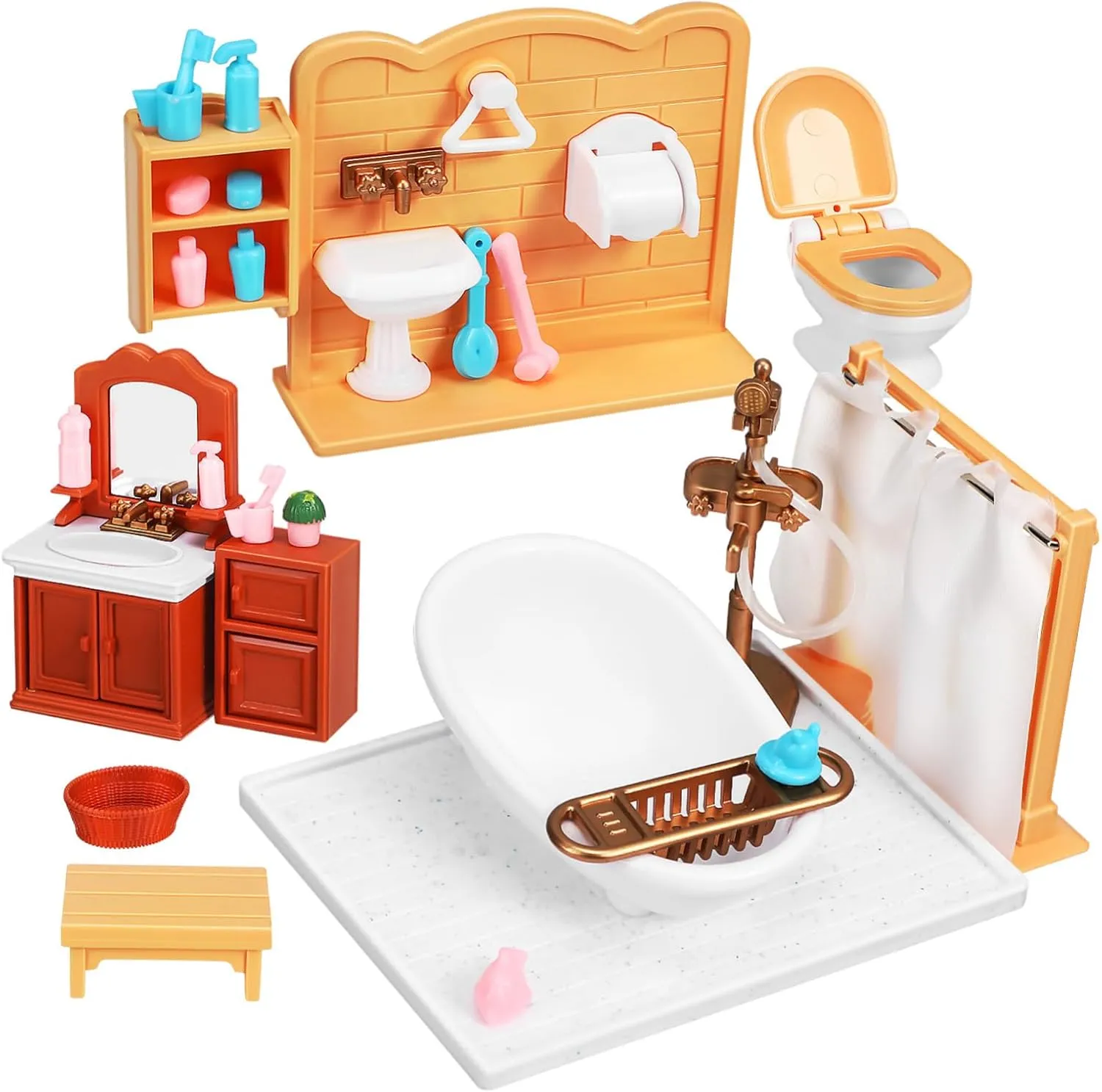 1set Mini Bathroom Dollhouse Furniture Realistic Shower Room Accessories for Boys and Girls Includes Mini Bathtub Sink and Cabinet Safe Decor for Imaginative Play