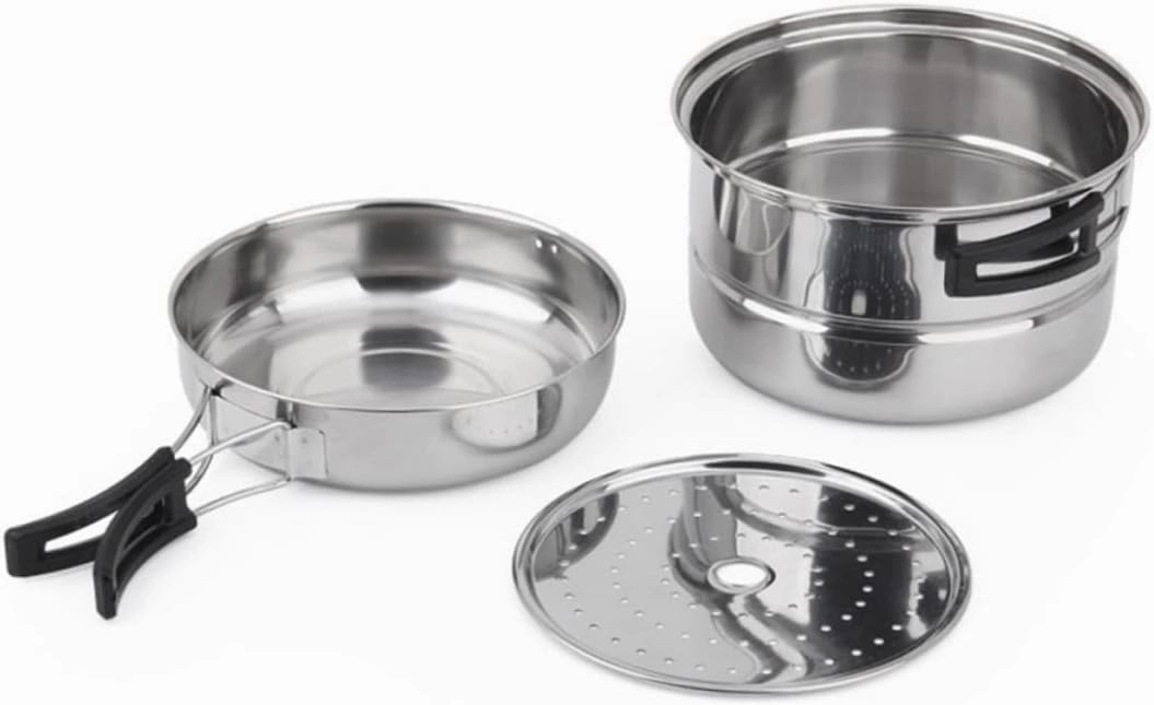 1set Stainless Steel Camping Cookware Set Pot and Pan Kit for People Lightweight and Cooking Tools for Outdoor Picnics and Hiking