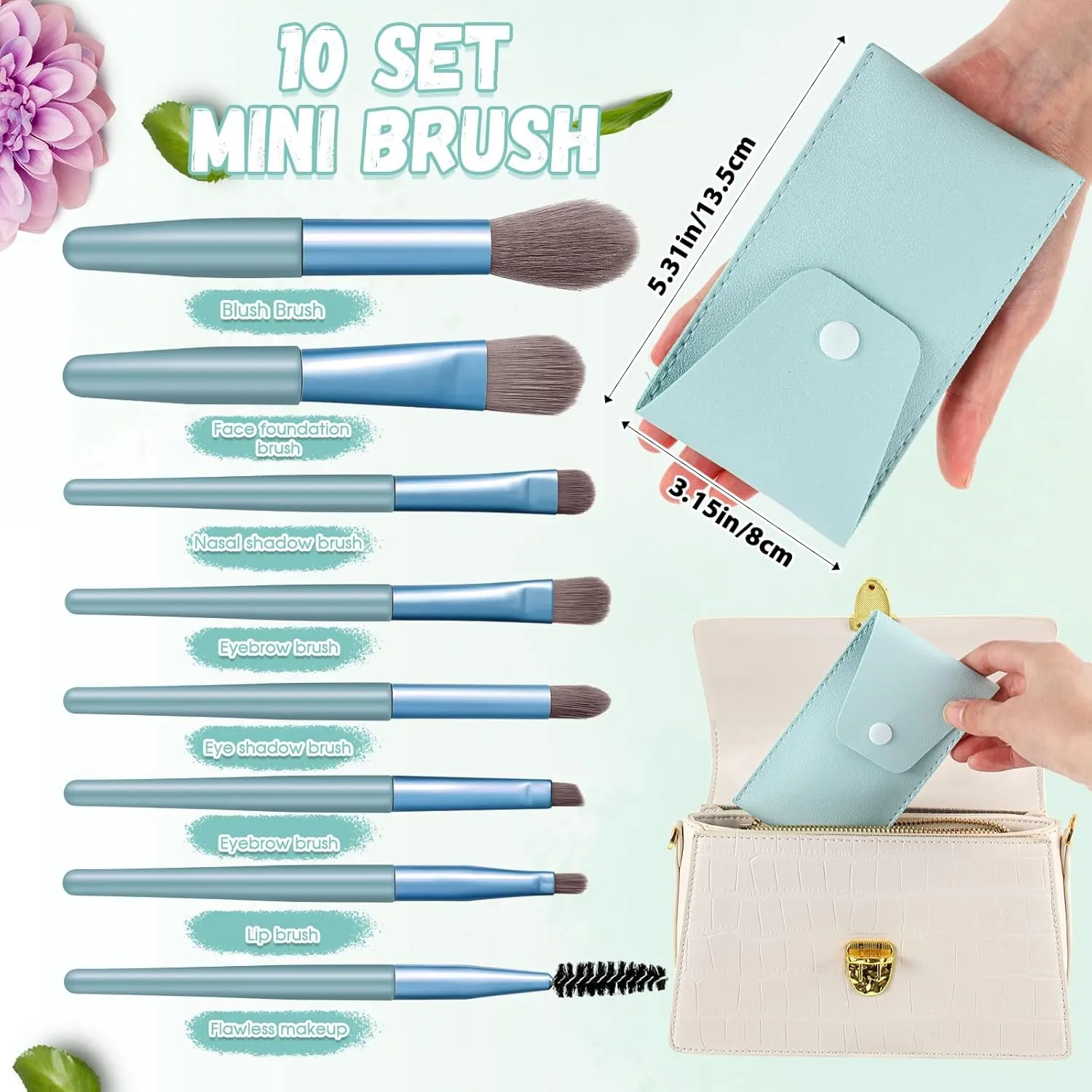 20 Pcs Travel Makeup Brush Set, 10 Pcs Mini Travel Brush Set with Bag, 10 Pcs Makeup Sponge Princess Party Favor Set for Women Girl Home Business Party Souvenirs(Blue)