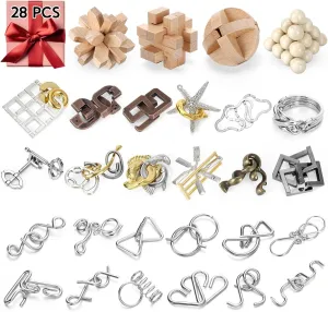 28 Pcs Wooden and Metal Brain Teaser Puzzle Set for Adults and Kids 3D Interlocking IQ Educational Toys Smart Gift