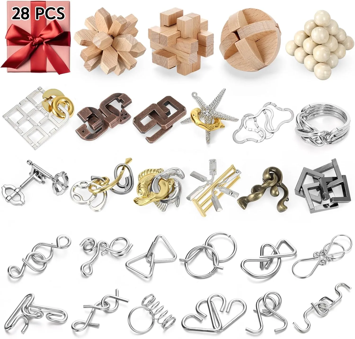 28 Pcs Wooden and Metal Brain Teaser Puzzle Set for Adults and Kids 3D Interlocking IQ Educational Toys Smart Gift
