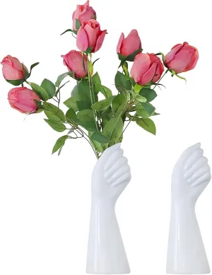 2PC Cute Ceramic Hand Bud White Flower Vases Women Teen Girl Room Home Office Coffee Desk Decor NBHUZEHUA