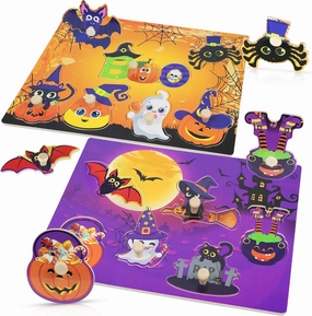 2Pcs Halloween Wooden Peg Puzzles, Halloween Toys for Toddlers Educational Puzzle Kids Halloween Party Favors Halloween Basket Stuffers Fillers Favors Halloween Treats Non Candy Goodies for Boy Girls